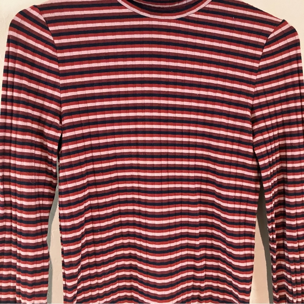 Madewell Red Multicolor Long Sleeve Striped Ribbed Stretch Turtleneck Top Sz S - Picture 4 of 12